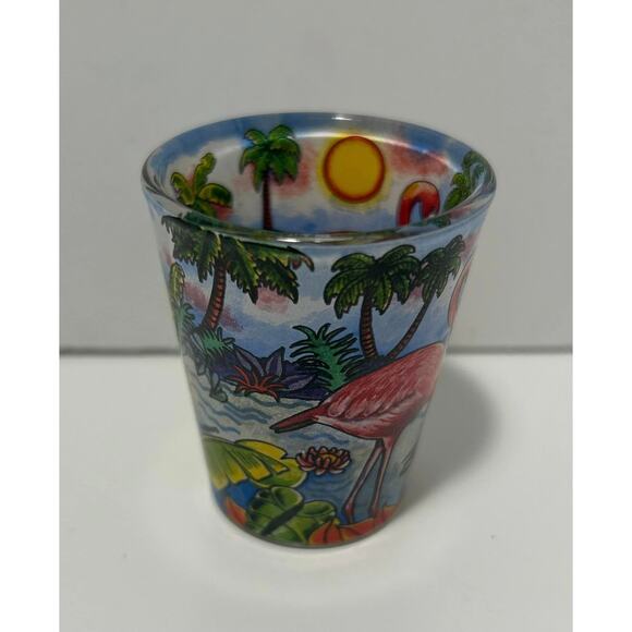 Bonaire Shot Glass Flamingo Palm Tree Beach 2 1/4" tall Liquor - Picture 2 of 3